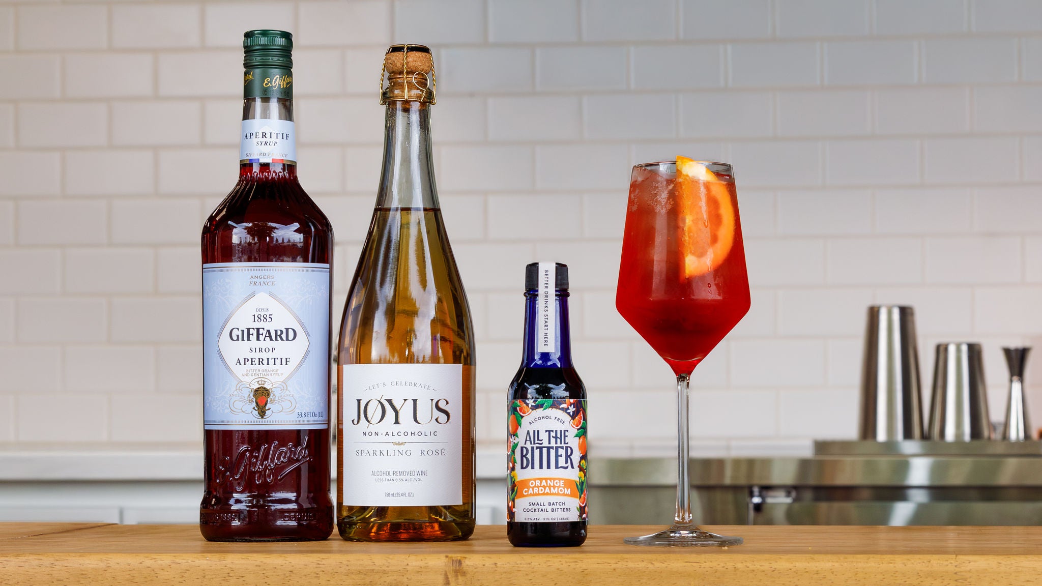 Picture of a non-alcoholic spritz mocktail made with All The Bitter's Orange bitters.