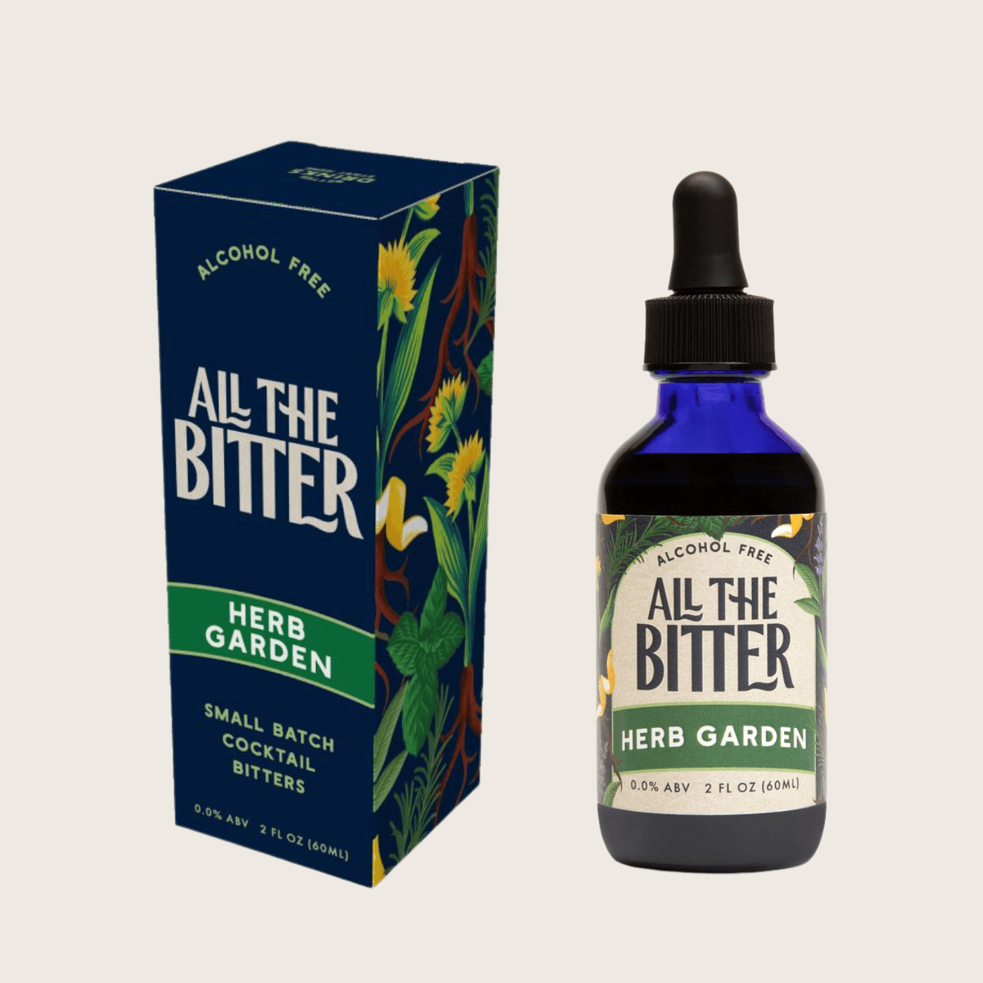 Bottle and box of 'All The Bitter Herb Garden' cocktail bitters (2oz) on a light gray background