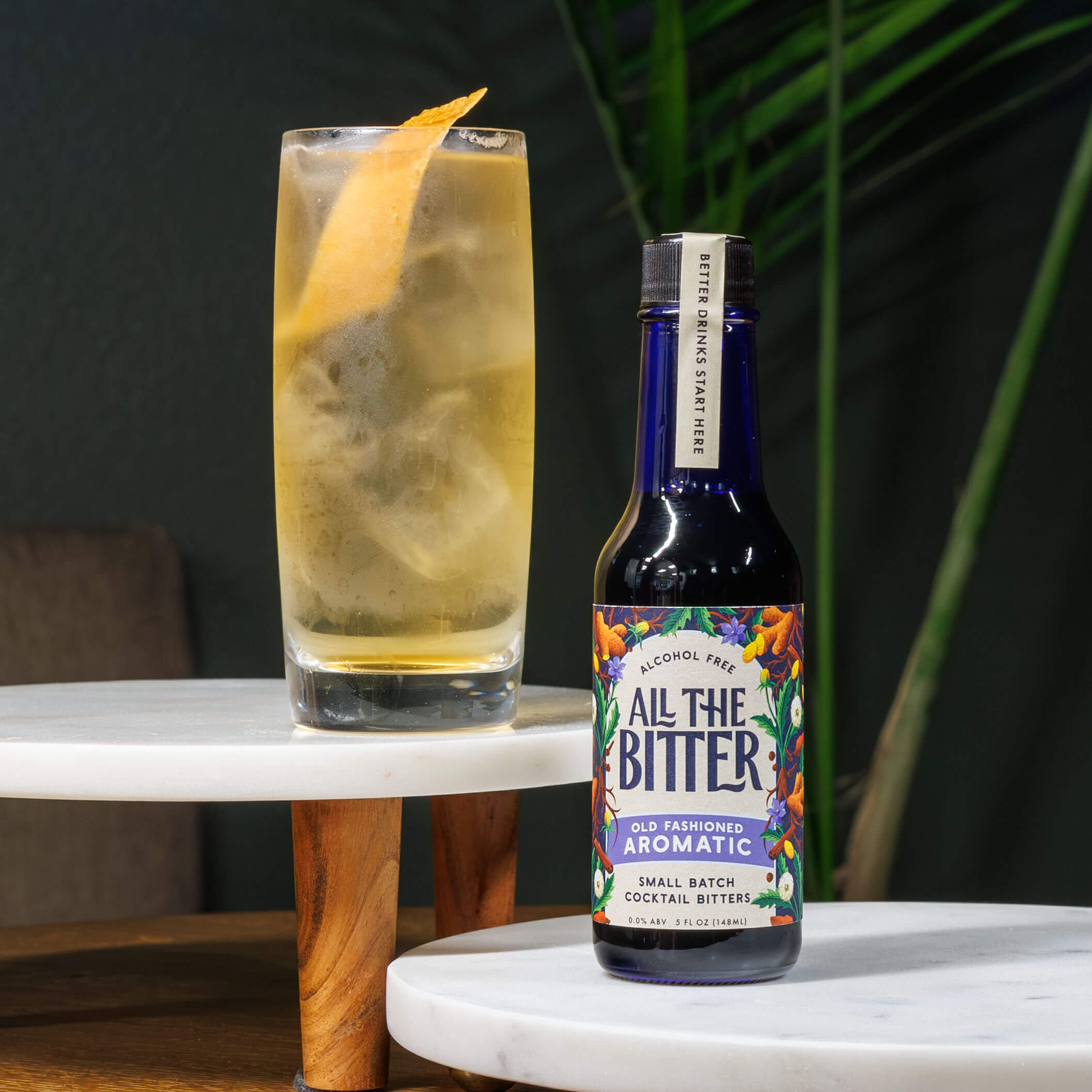 Bottle of ATB Old Fashioned Aromatic bitters served as "bitters and soda"