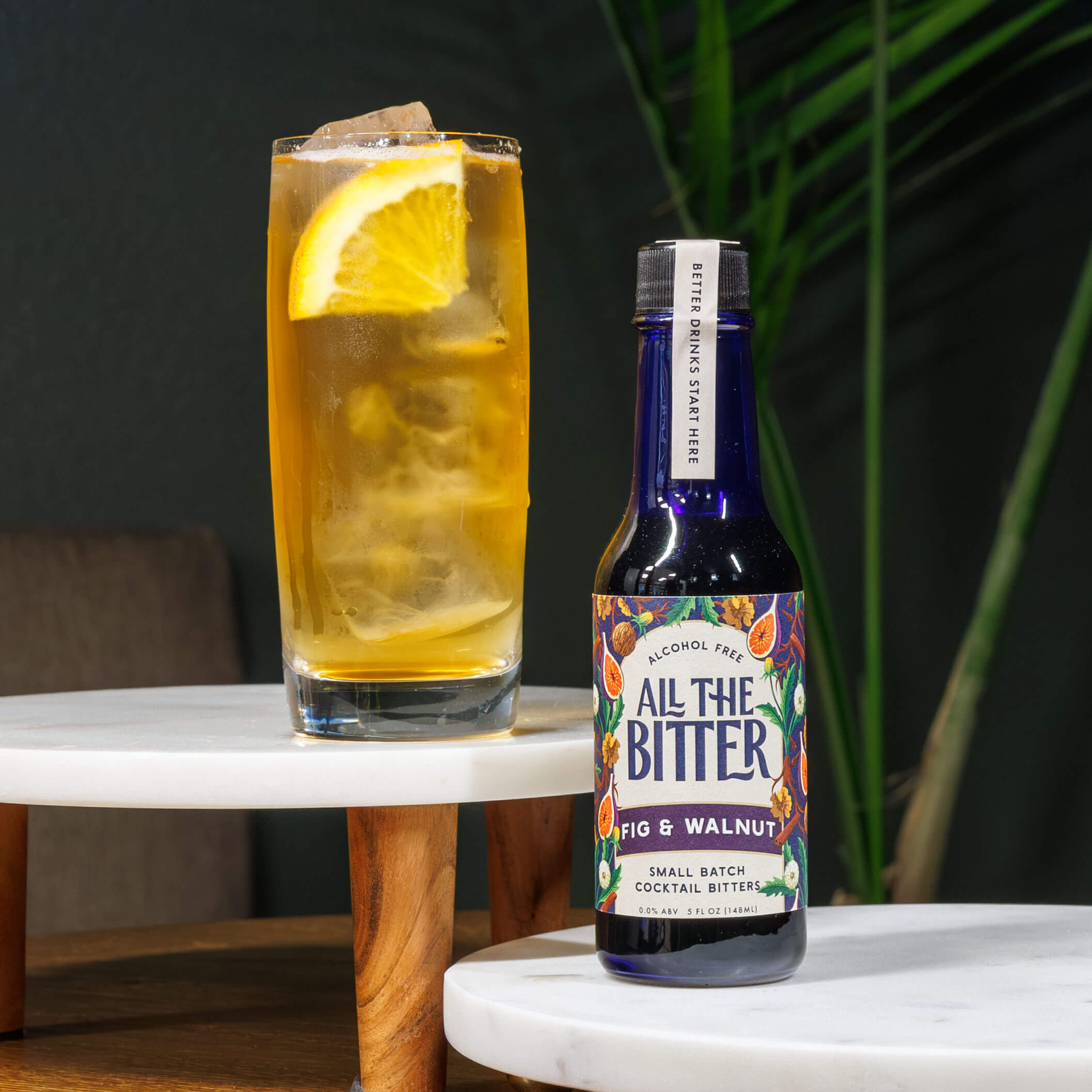 Bottle of ATB Fig & Walnut bitters served as "bitters and soda"