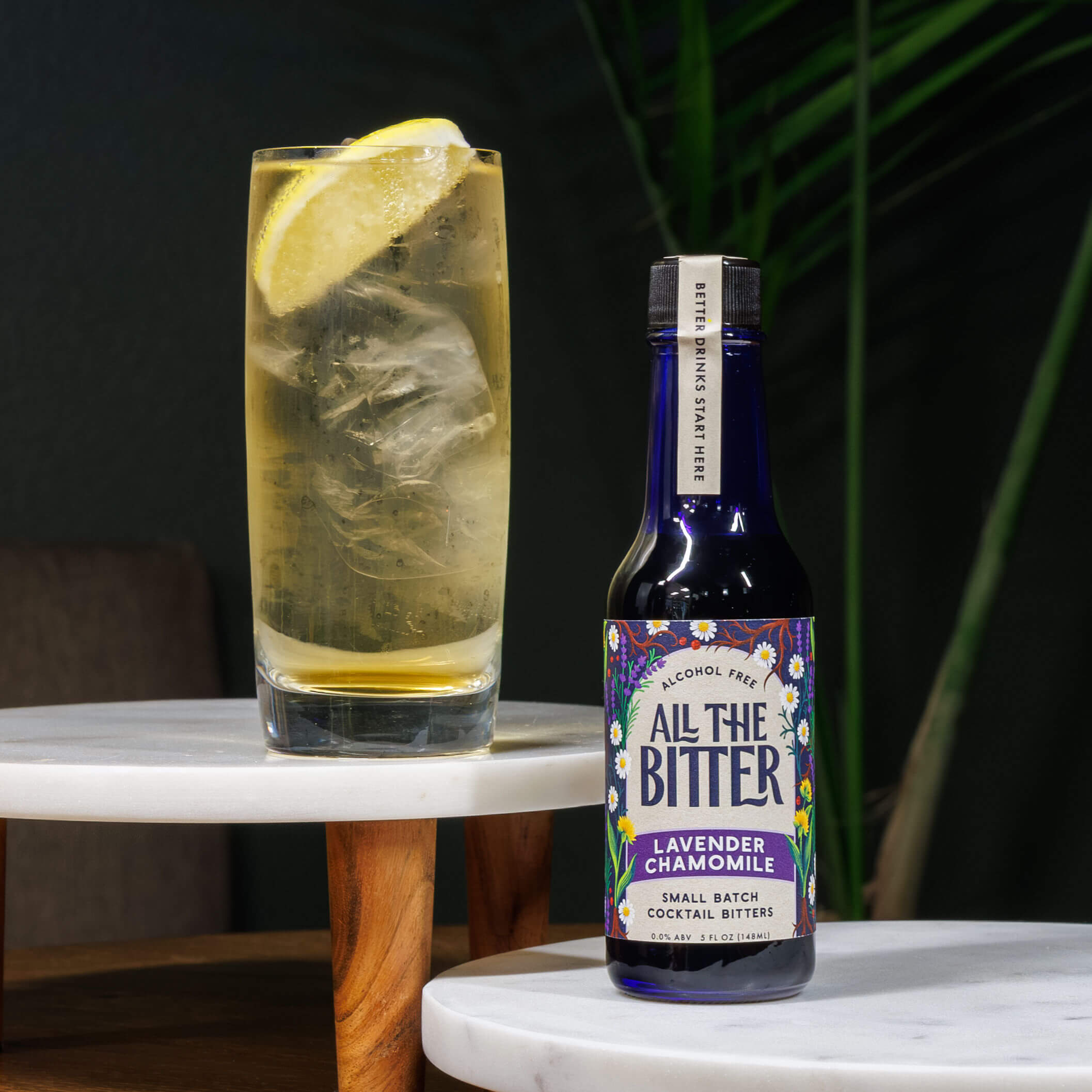 Bottle of ATB Lavender Chamomile bitters served as "bitters and soda"