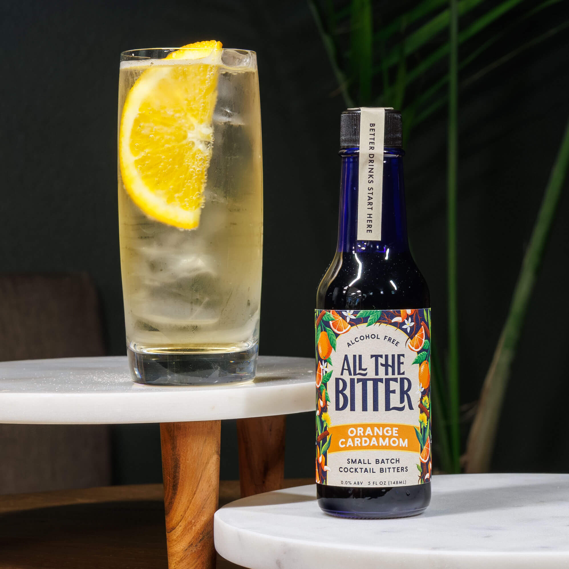 Bottle of ATB Orange Cardamom bitters served as "bitters and soda"