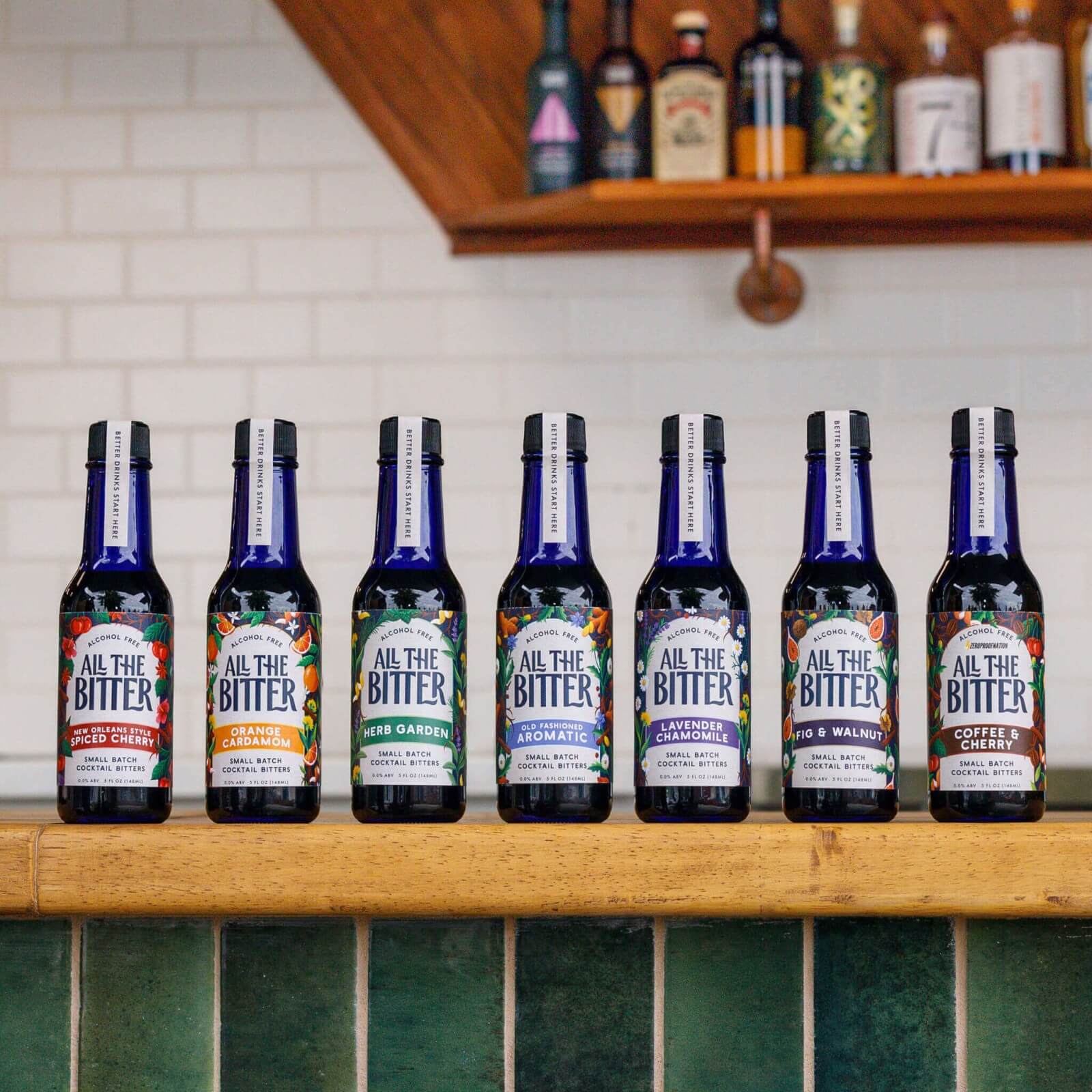 The full lineup of All The Bitter nonalcoholic cocktail bitters.