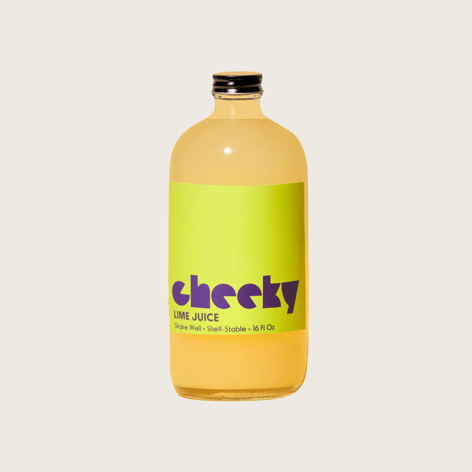Bottle of 'Cheeky' lime juice on a light beige background