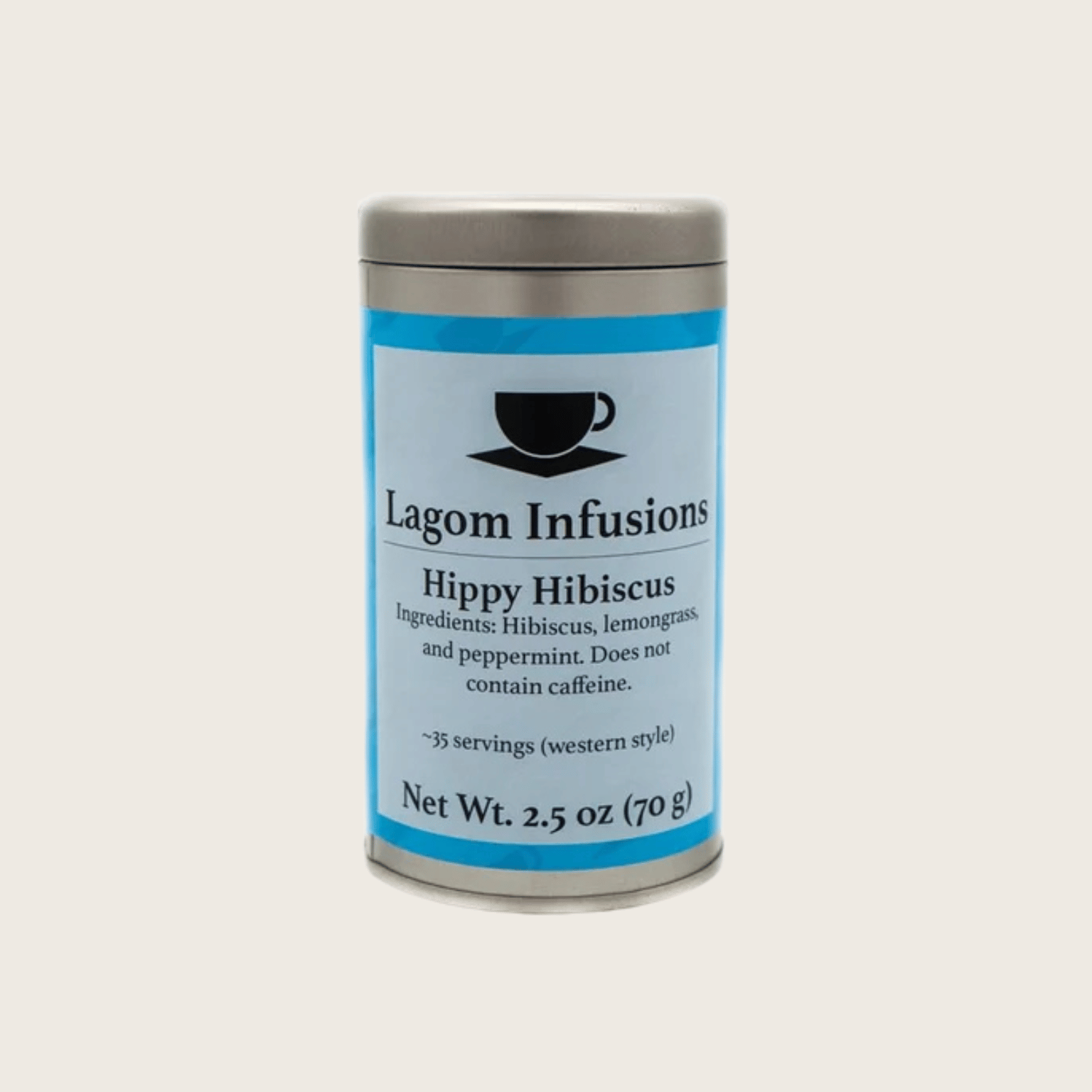 Lagom Infusions Hippy Hibiscus tea canister on a light gray background style=