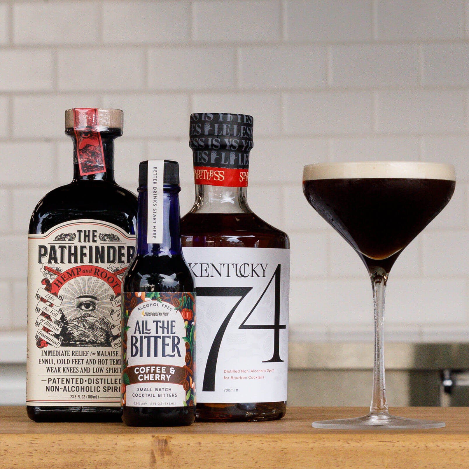 Non-alcoholic Espresso Martini mocktail made with Pathfinder, Kentucky 74, All The Bitter, and coffee.
