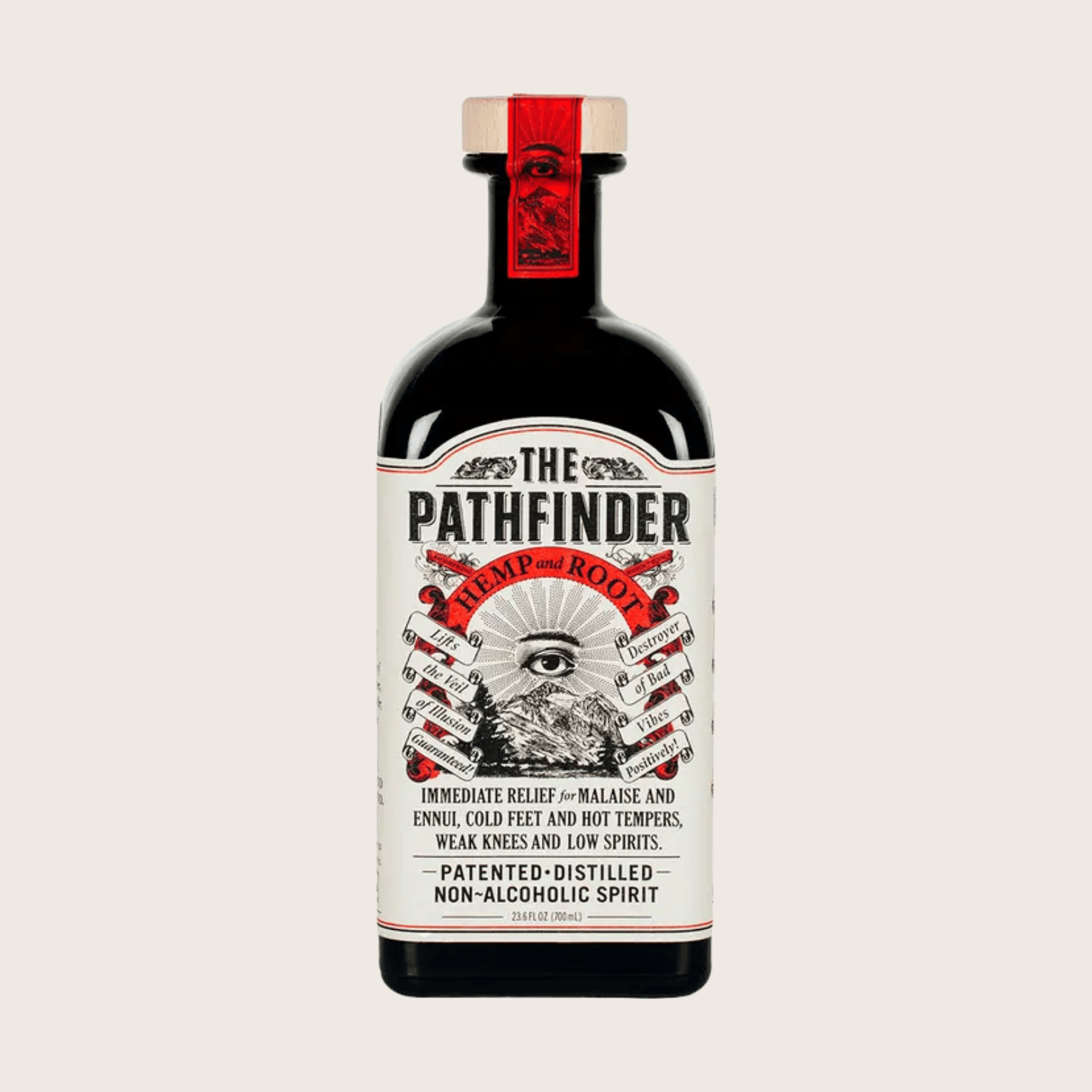 Bottle of 'The Pathfinder' non-alcoholic spirit on a beige background style=