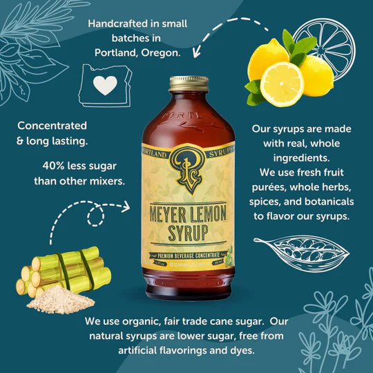 Meyer Lemon Syrup bottle with lemon and sugar cane graphics on a blue background