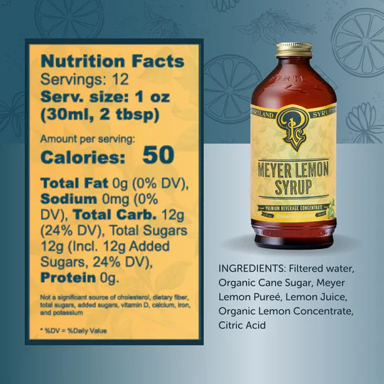 Bottle of Meyer Lemon Syrup with nutrition facts label on a blue background